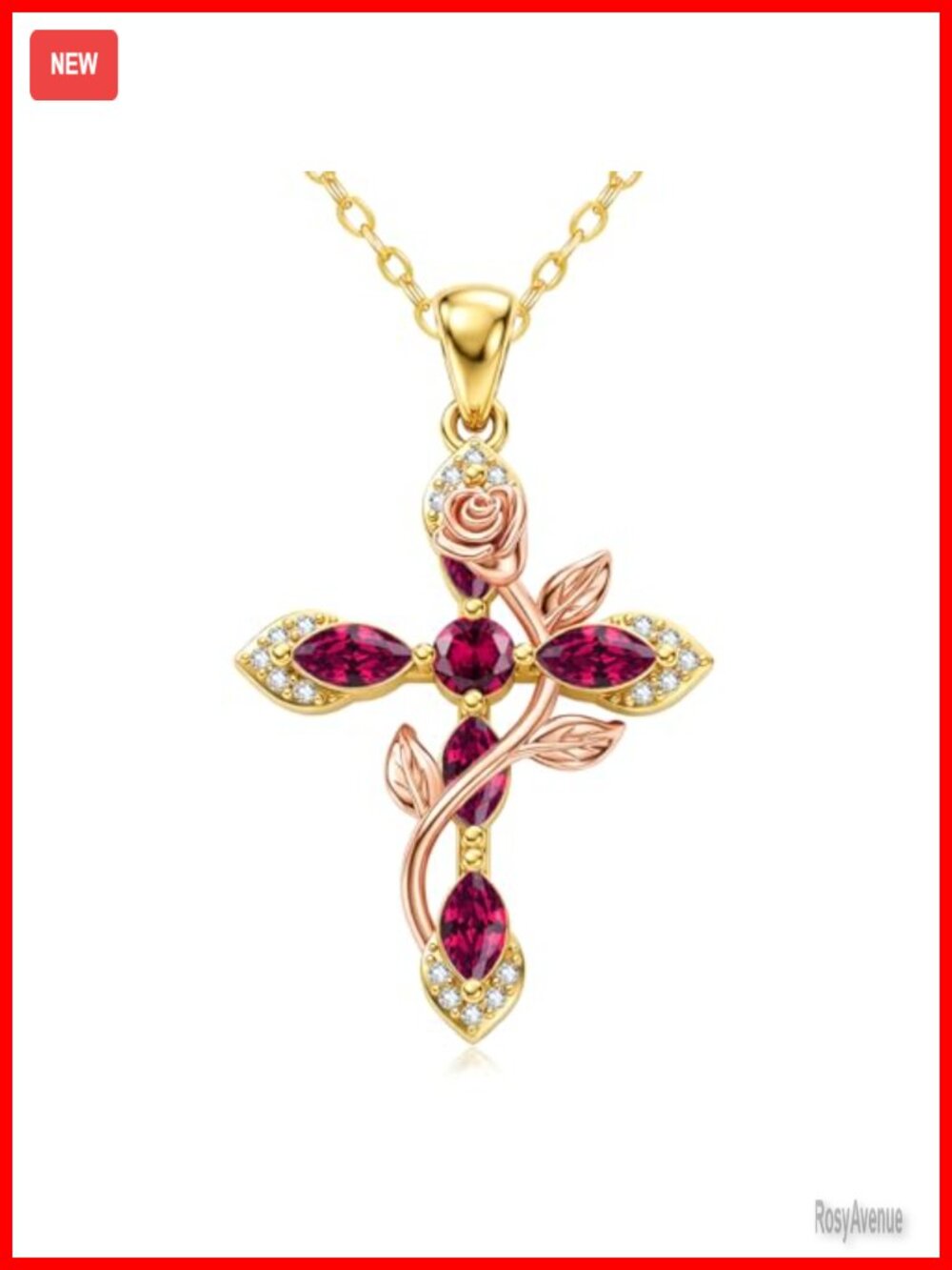 14K Gold Plated Cross Necklace Ruby Birthstone 18+2 in Women Christian Jewelry